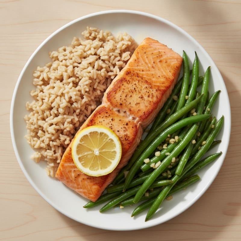 Seared Salmon with Garlic Green Beans and Brown Rice