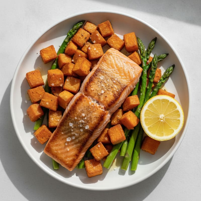 Seared Salmon with Roasted Sweet Potato and Asparagus