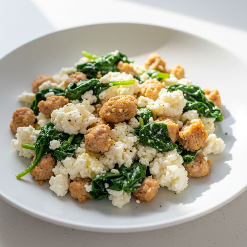 Egg White and Turkey Sausage Scramble with Cottage Cheese and Sautéed Spinach