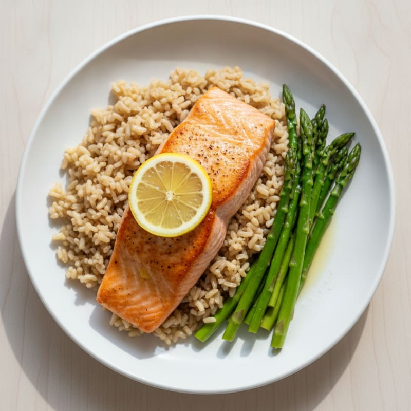 Seared Salmon Fillet with Steamed Asparagus and Brown Rice
