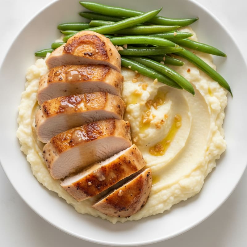 Seared Turkey Breast with Garlic Mashed Cauliflower and Steamed Green Beans