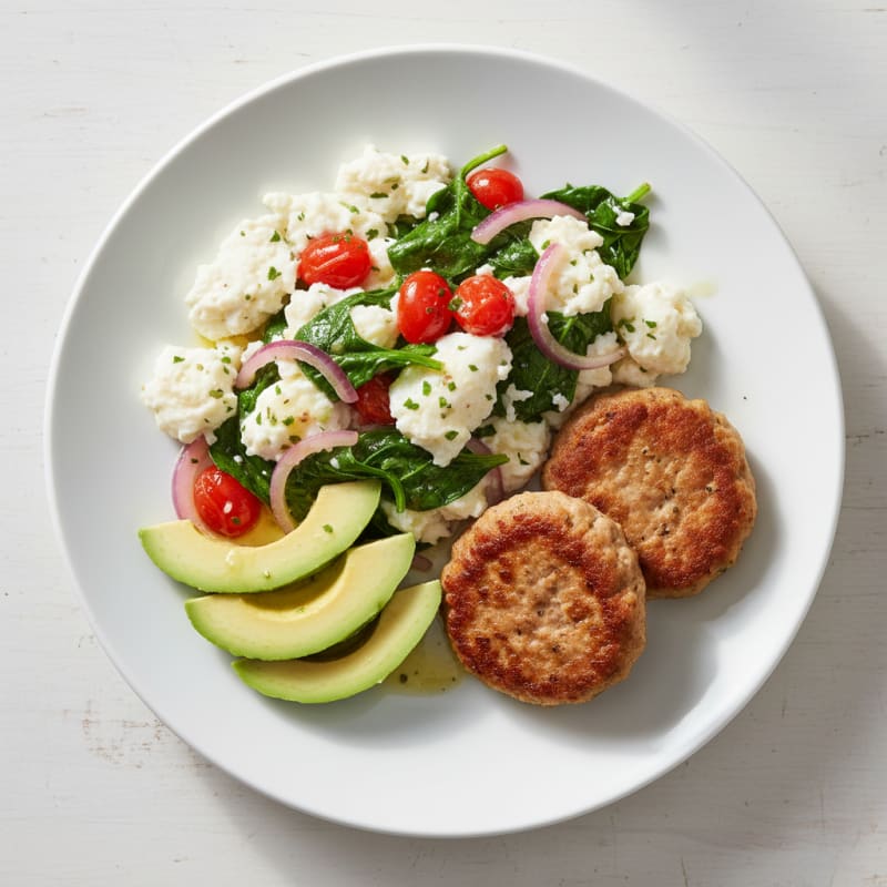 Scrambled Egg Whites with Turkey Sausage and Sautéed Spinach