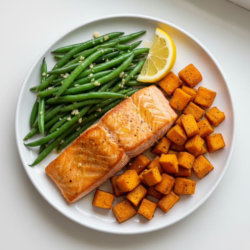 Seared Salmon with Garlic Green Beans and Roasted Sweet Potato