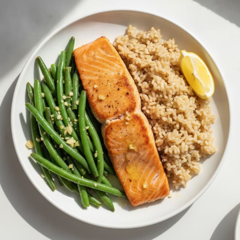 Seared Salmon with Garlic Green Beans and Brown Rice
