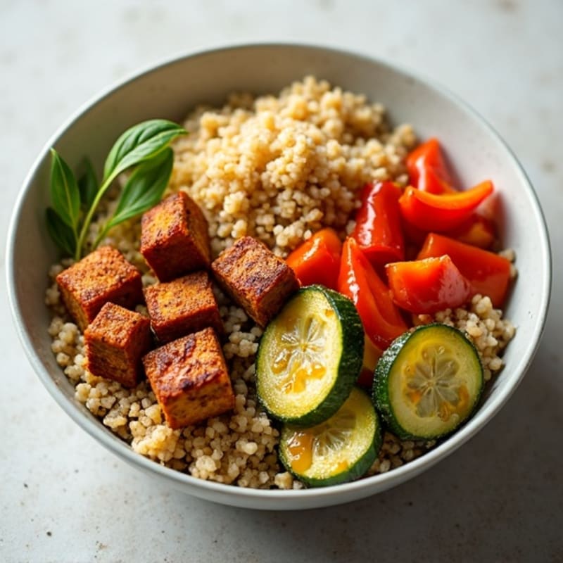 Crispy Tofu Power Bowl with Quinoa and Roasted Vegetables