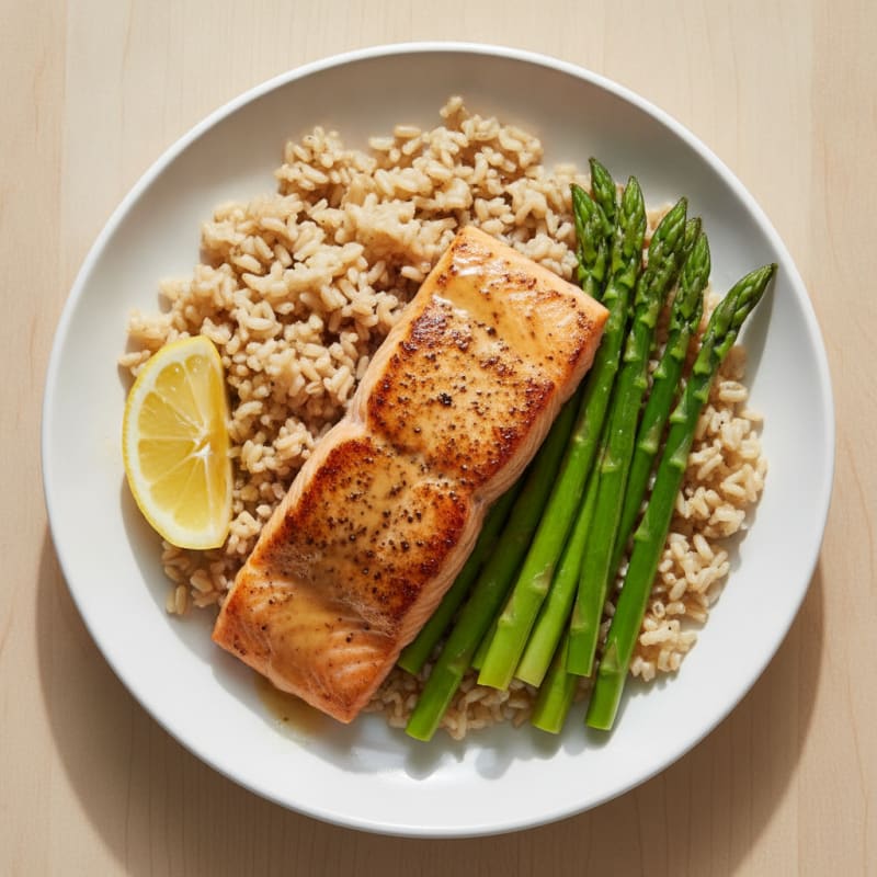 Seared Salmon with Steamed Asparagus and Brown Rice