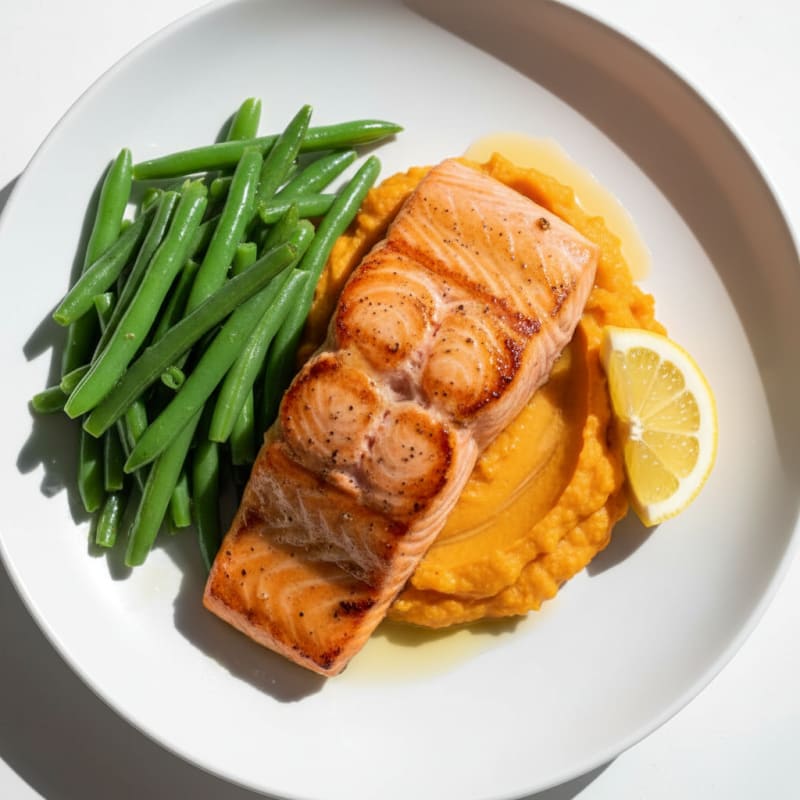 Seared Salmon Fillet with Steamed Green Beans and Sweet Potato Mash