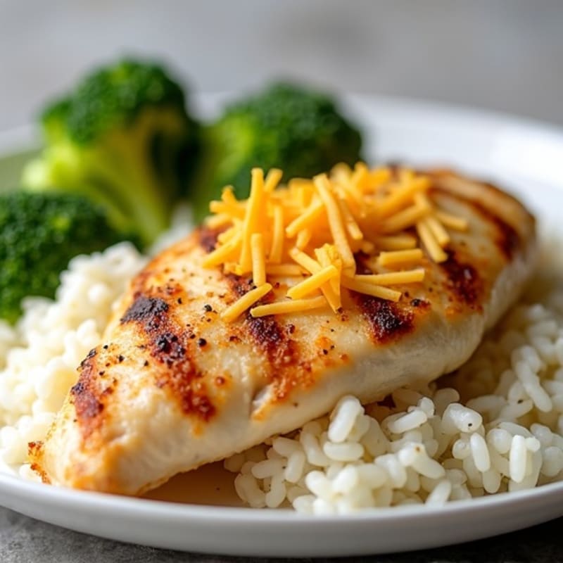 Grilled Chicken Breast with Rice, Steamed Broccoli & A Touch of Cheese