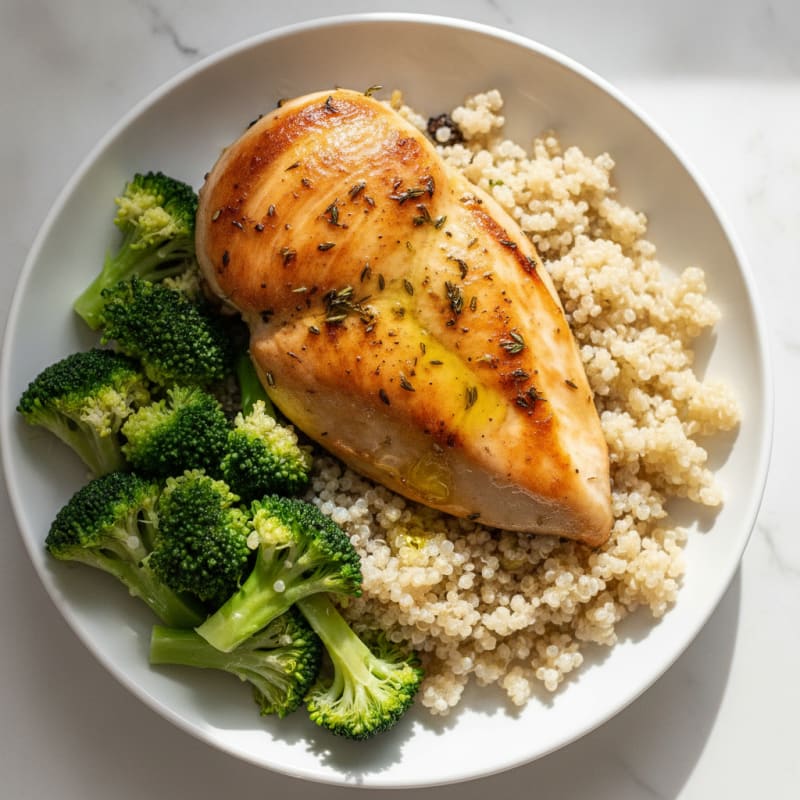 Herb-Roasted Chicken Breast with Steamed Broccoli and Quinoa