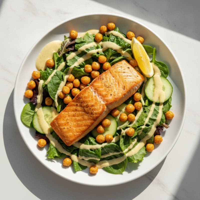Seared Salmon Salad with Crispy Chickpeas and Lemon Tahini Dressing
