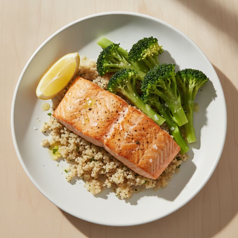Seared Salmon with Steamed Broccoli and Quinoa