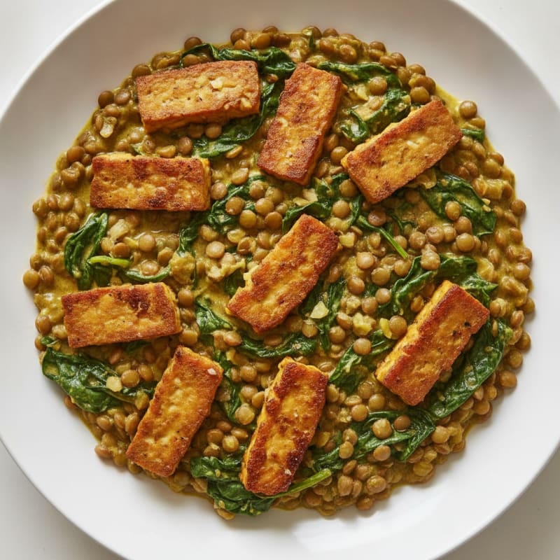 Creamy Lentil and Spinach Skillet with Seared Tempeh