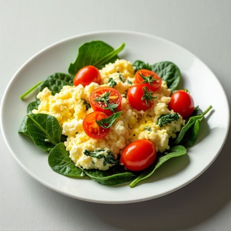 Cottage Cheese Egg Scramble with Spinach and Cherry Tomatoes