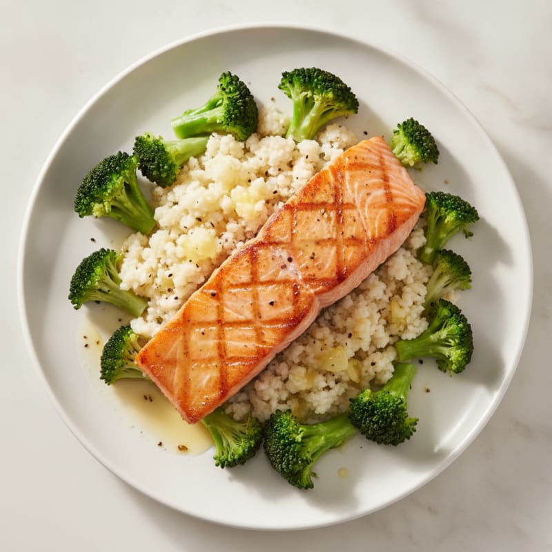 Seared Salmon Fillet with Steamed Broccoli and Cauliflower Rice