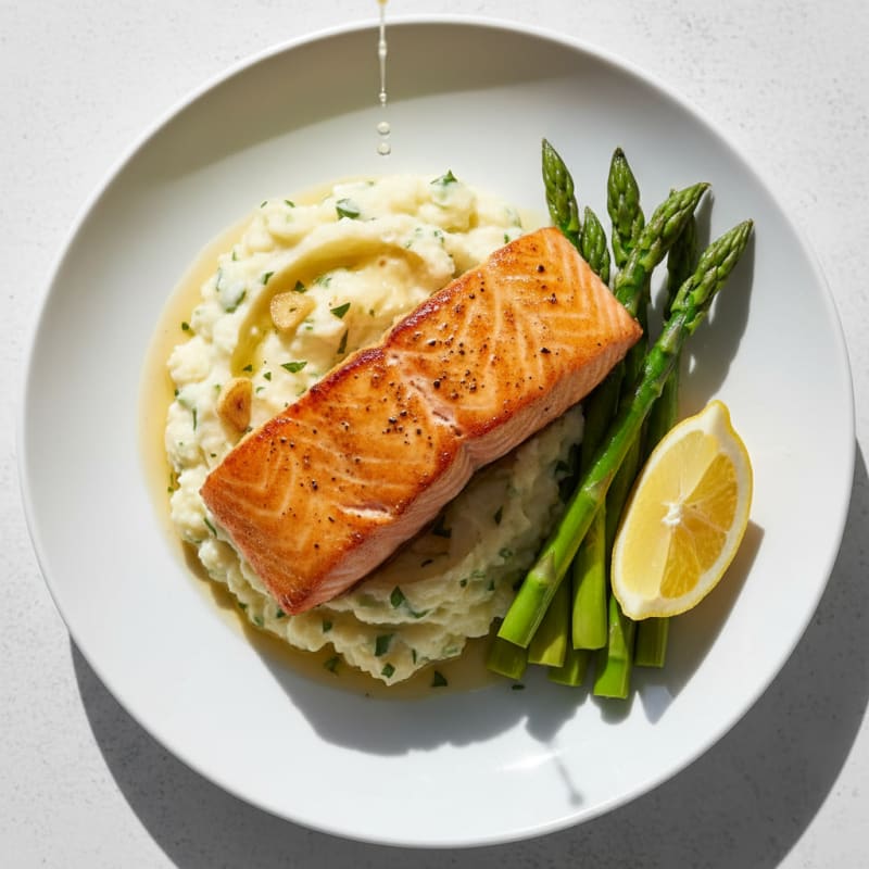 Seared Salmon with Steamed Asparagus and Garlic Mashed Cauliflower