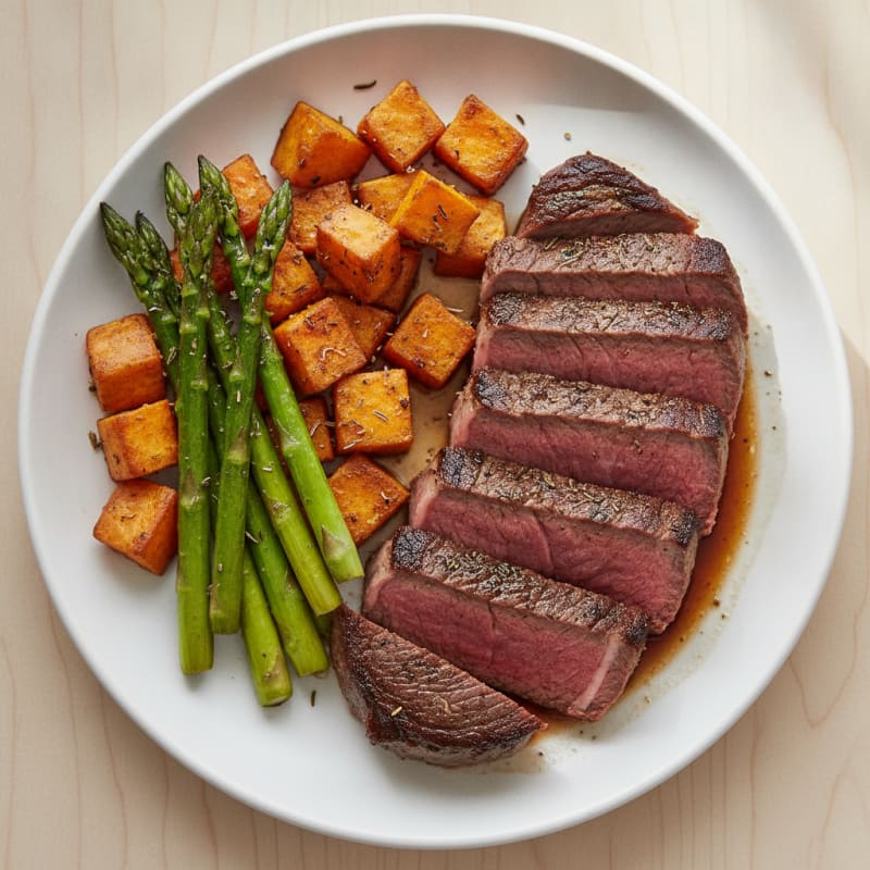 Seared Beef Steak with Roasted Sweet Potatoes and Asparagus