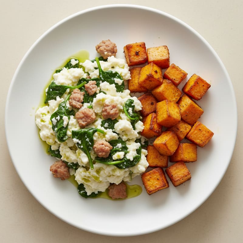 Egg White and Turkey Sausage Scramble with Spinach and Roasted Sweet Potatoes