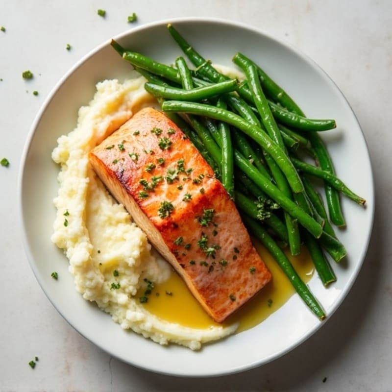 Seared Salmon with Garlic Green Beans and Cauliflower Mash