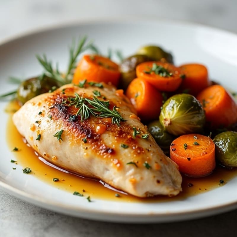 Lemon Herb Roasted Chicken with Maple Glazed Carrots and Crispy Brussels Sprouts