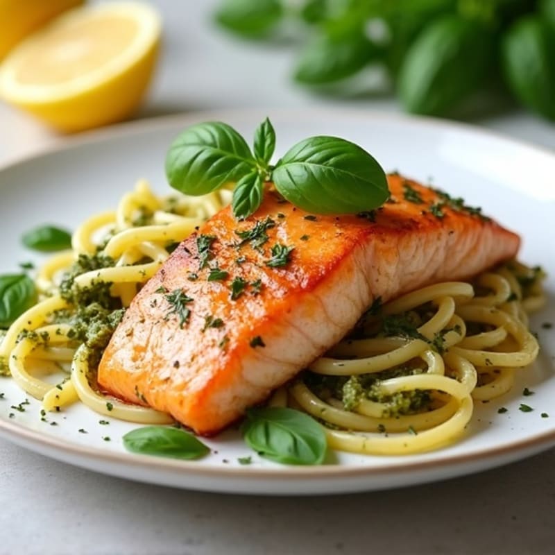 Lemon-Garlic Pan Seared Salmon with Herb Pesto Pasta