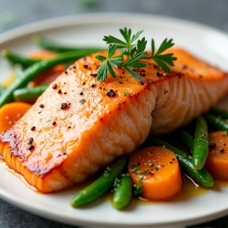 Seared Salmon Fillet with Roasted Sweet Potato and Green Beans