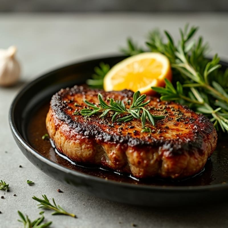 Herb-Crusted Pan Seared Steak with Roasted Garlic