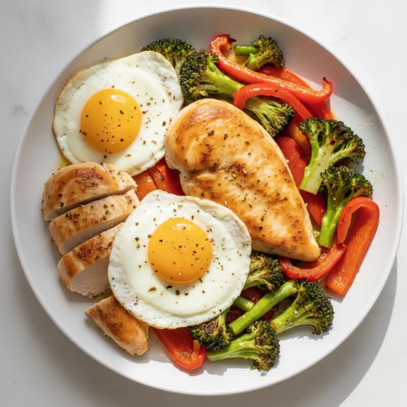 Sheet Pan Lemon Herb Chicken and Eggs with Roasted Vegetables