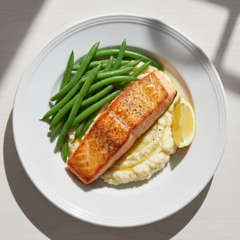 Seared Salmon with Steamed Green Beans and Garlic Mashed Cauliflower