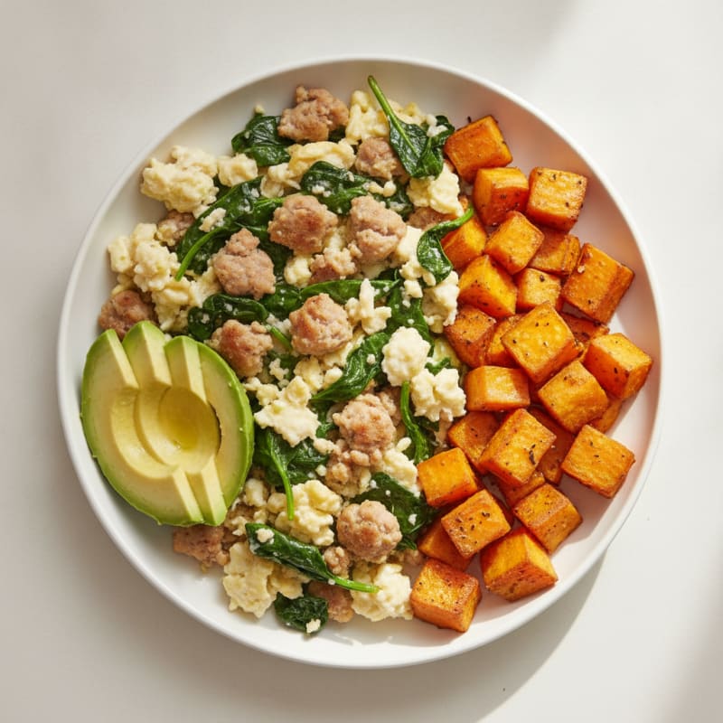 Egg White and Chicken Sausage Scramble with Spinach and Roasted Sweet Potatoes
