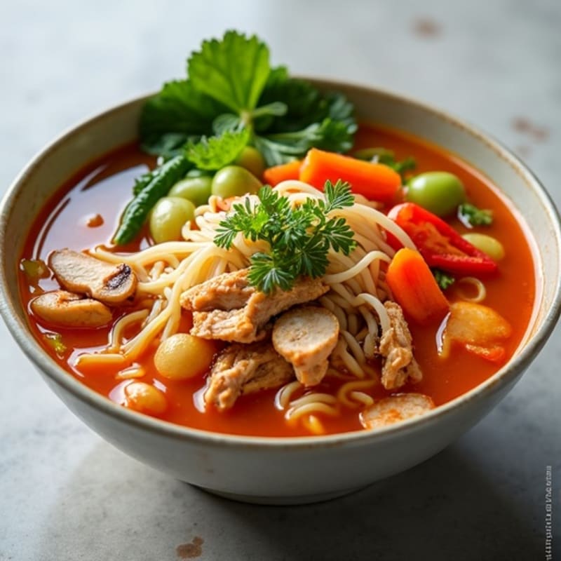 Spicy Sriracha Chicken and Fresh Vegetable Noodle Soup
