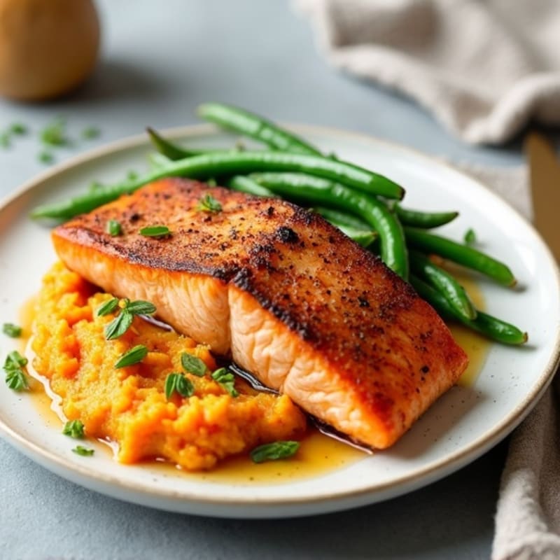Seared Salmon Fillet with Garlic Green Beans and Sweet Potato Mash