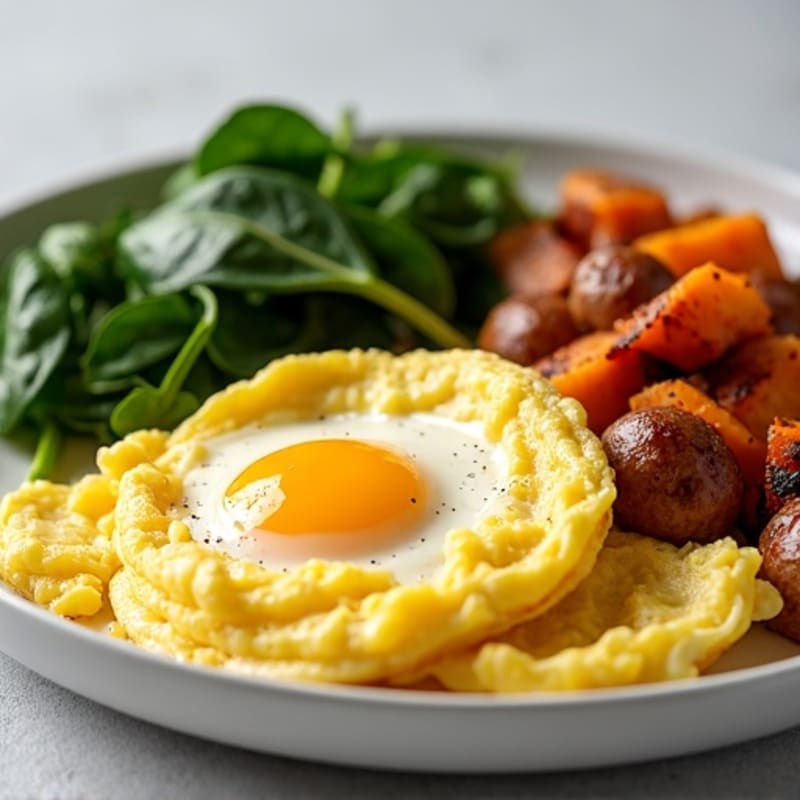 Fluffy Scrambled Eggs with Sautéed Greens and Sweet Potato Hash