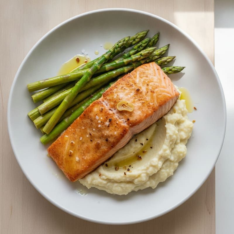 Seared Salmon with Steamed Asparagus and Garlic Cauliflower Mash