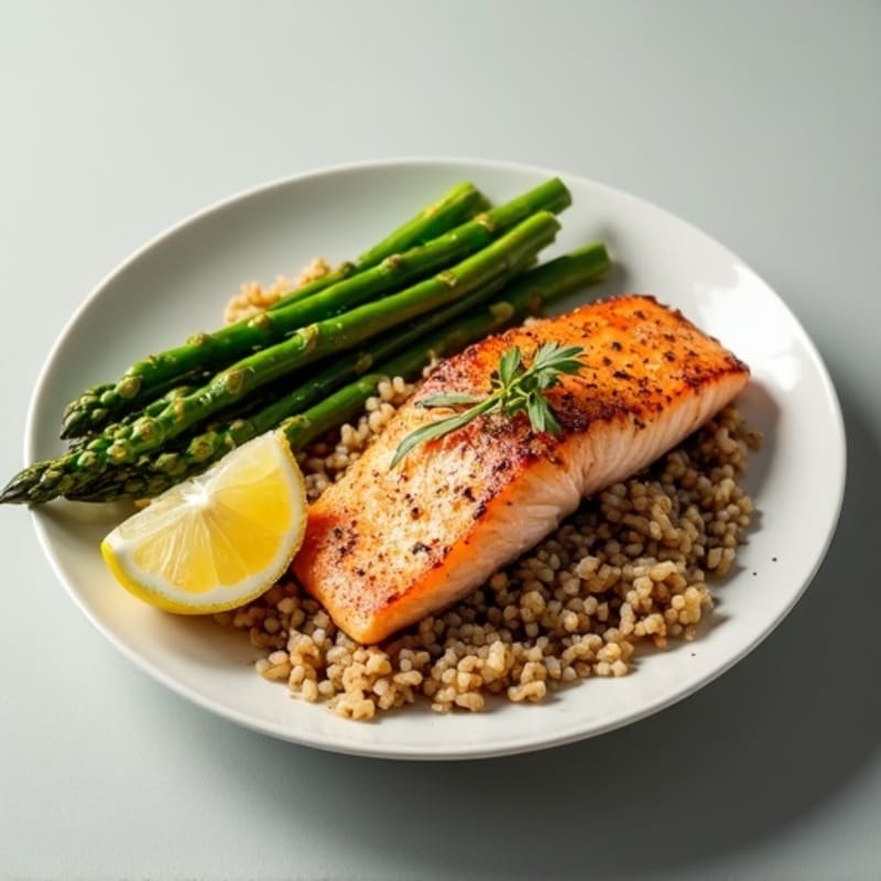 Seared Salmon with Steamed Asparagus and Brown Rice