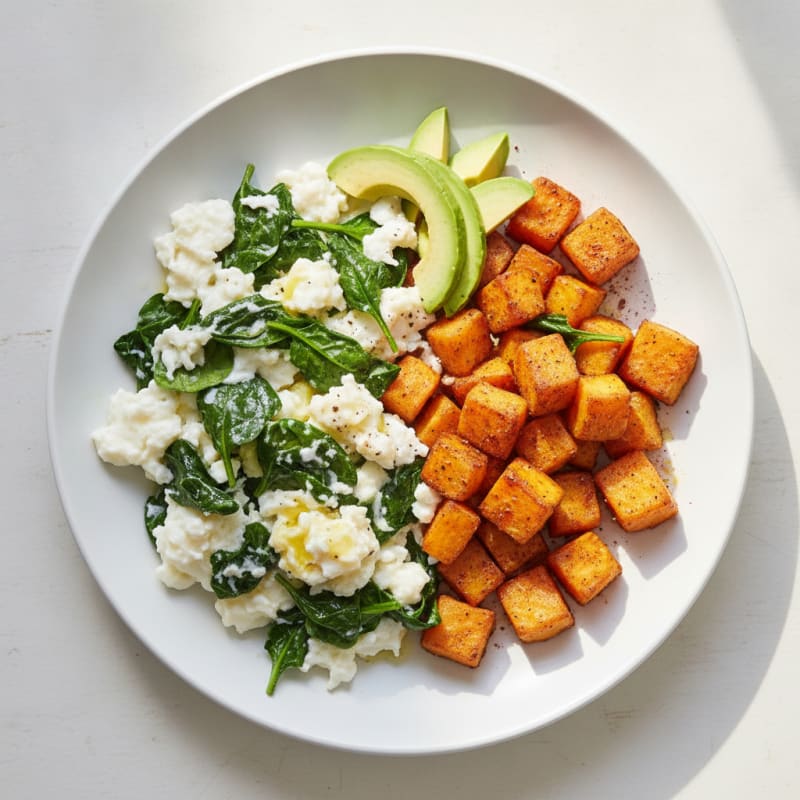 Egg White and Spinach Scramble with Roasted Sweet Potatoes