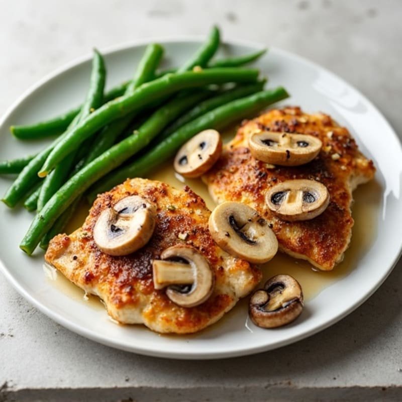 Pan-Seared Chicken with Roasted Garlic Butter Mushrooms and Crisp Green Beans