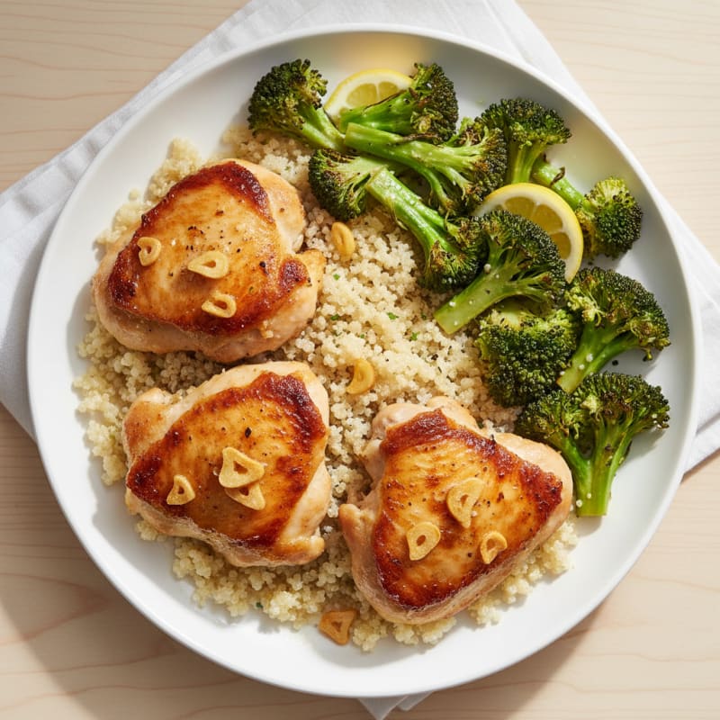 Seared Chicken Thighs with Roasted Broccoli and Quinoa