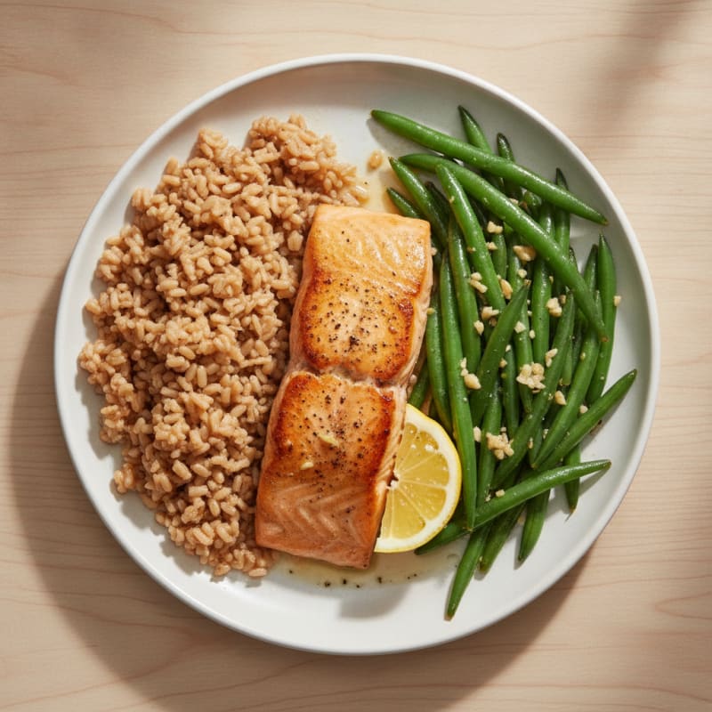 Seared Salmon with Garlic Green Beans and Brown Rice