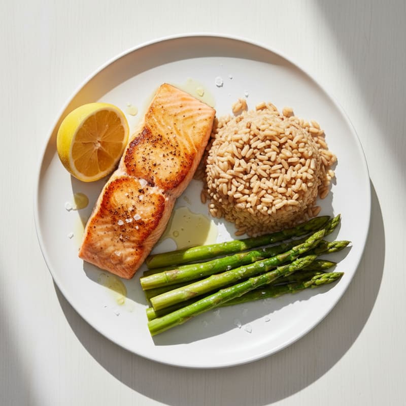 Seared Salmon with Steamed Asparagus and Brown Rice