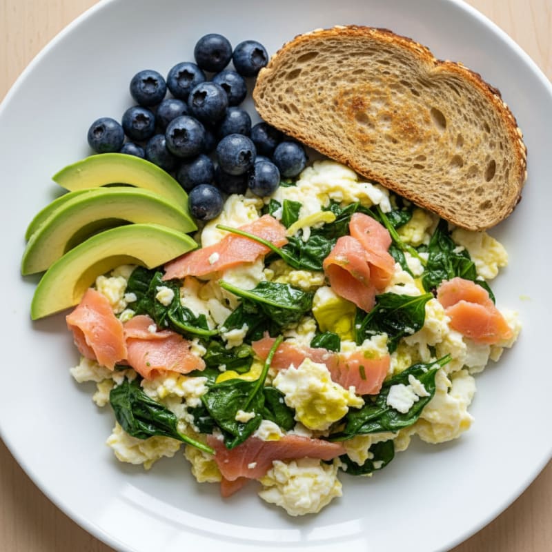 Egg White and Smoked Salmon Scramble with Spinach and Avocado
