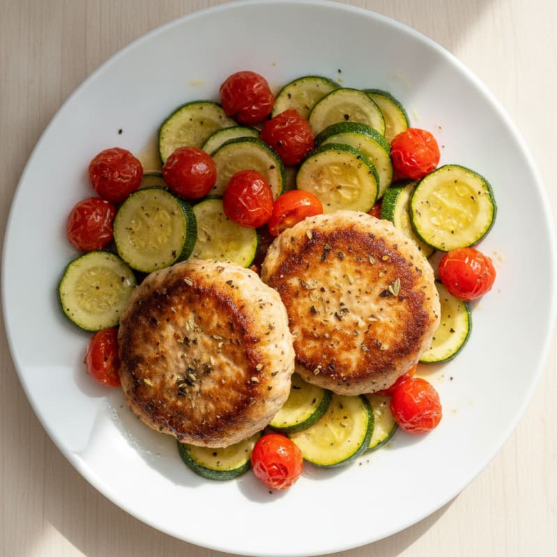 Seared Turkey Patties with Roasted Zucchini and Tomato