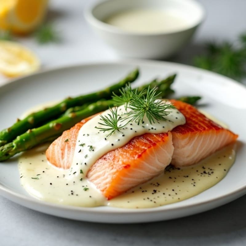 Oven-Baked Salmon with Steamed Asparagus and Egg White Dill Sauce