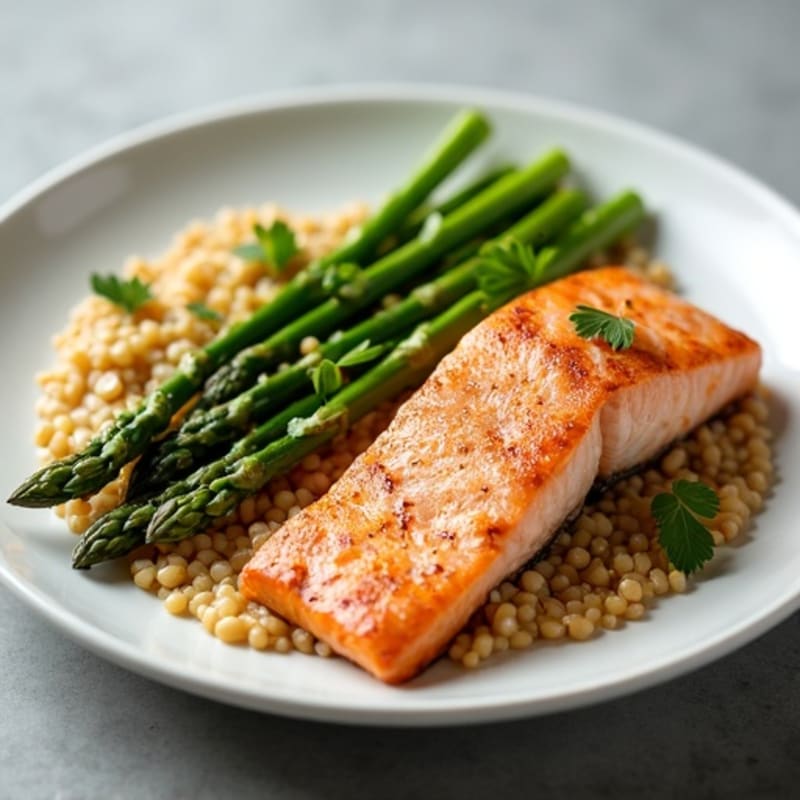 Seared Salmon with Steamed Asparagus and Lentil Mash