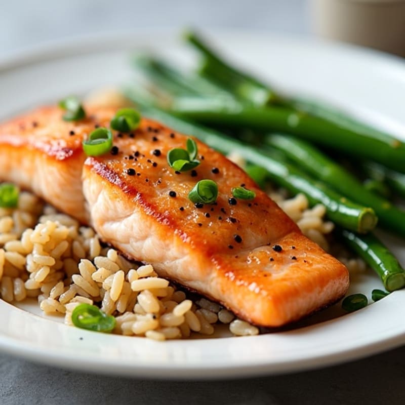 Seared Salmon with Garlic Green Beans and Brown Rice