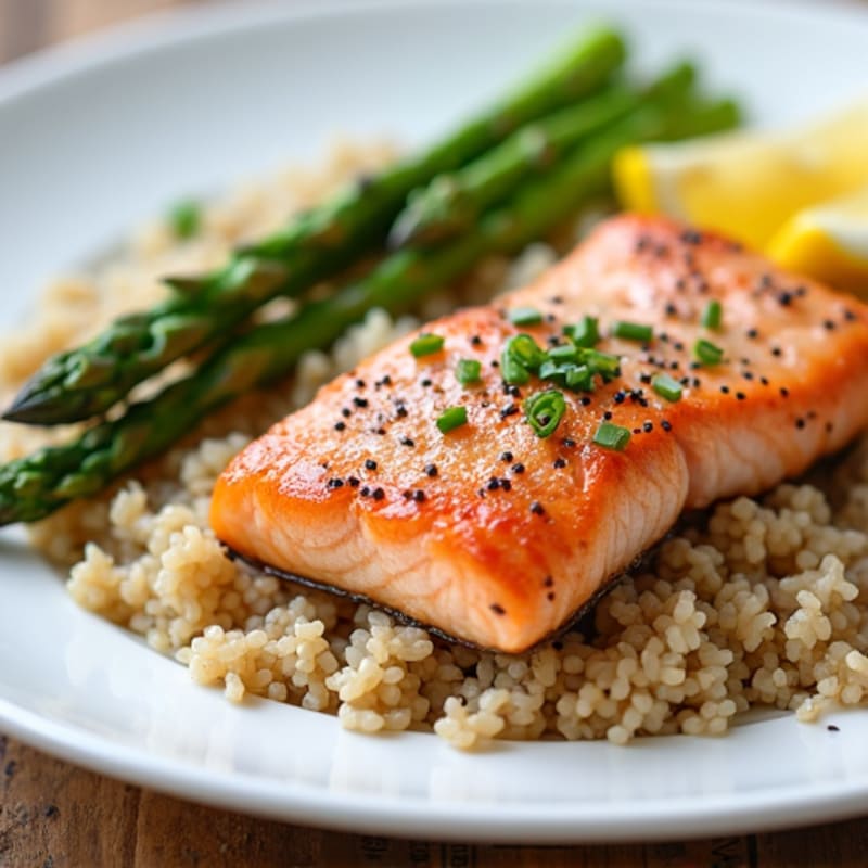 Seared Salmon with Steamed Asparagus and Brown Rice