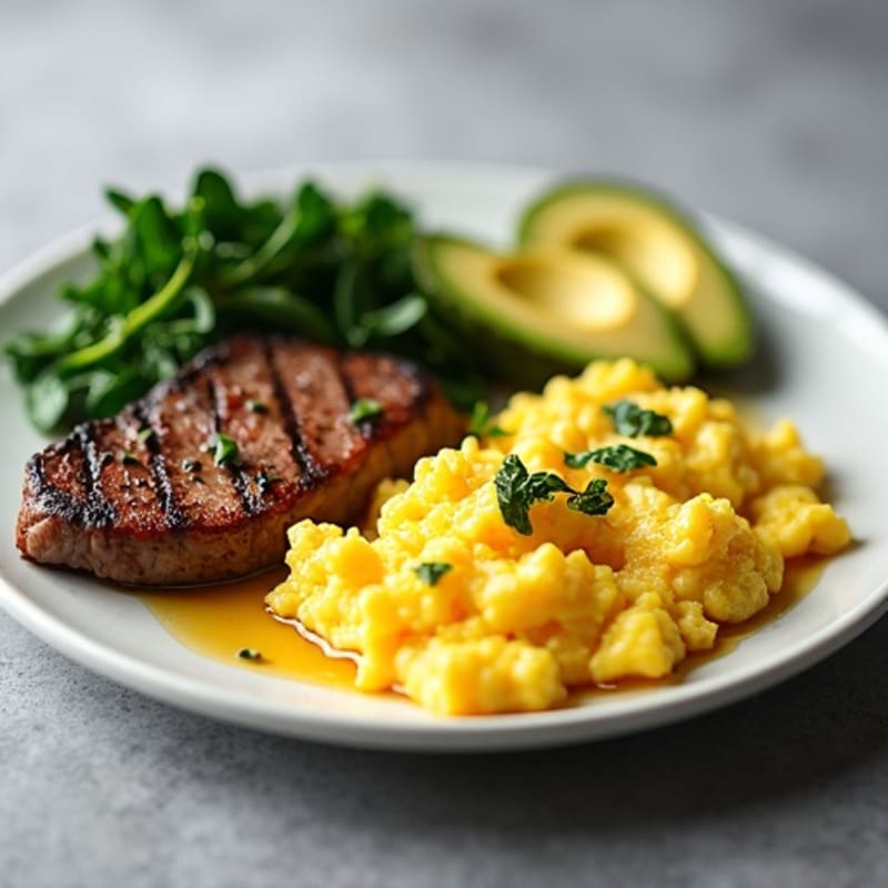 Scrambled Eggs with Sautéed Spinach and Seared Steak