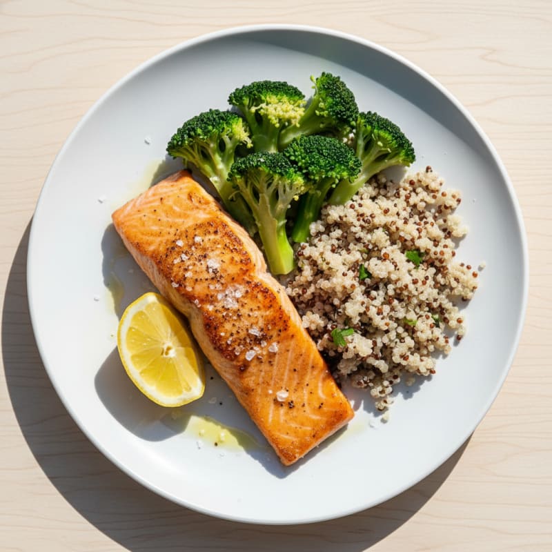 Seared Salmon with Steamed Broccoli and Quinoa