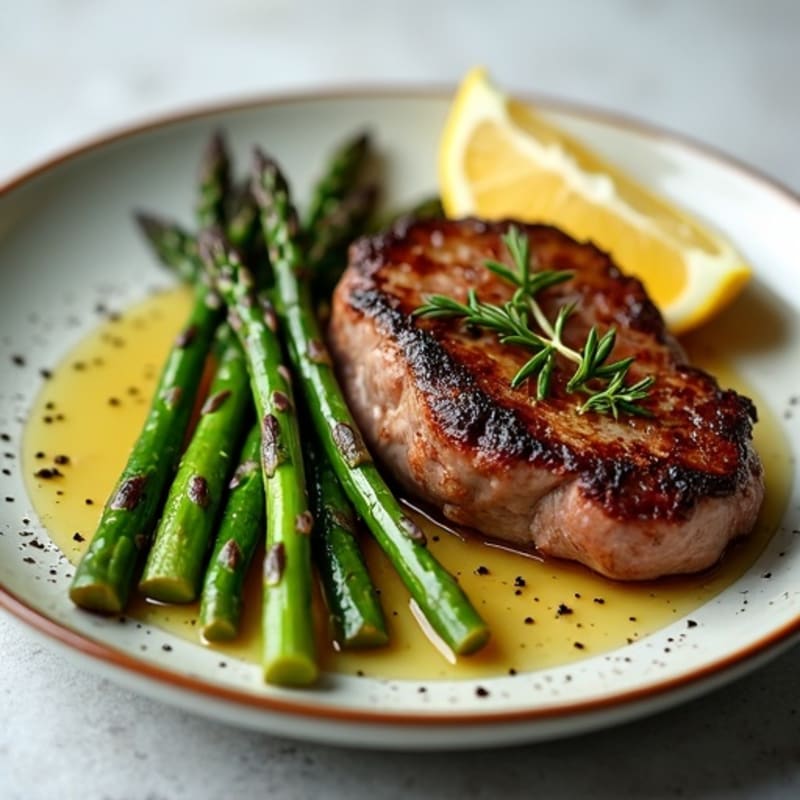 Tender Pan-Seared Steak with Garlic Herb Roasted Asparagus