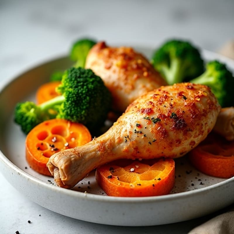 Crispy Roasted Chicken Legs with Sweet Potatoes and Broccoli