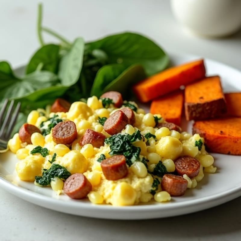 Egg White and Turkey Sausage Scramble with Spinach and Roasted Sweet Potatoes